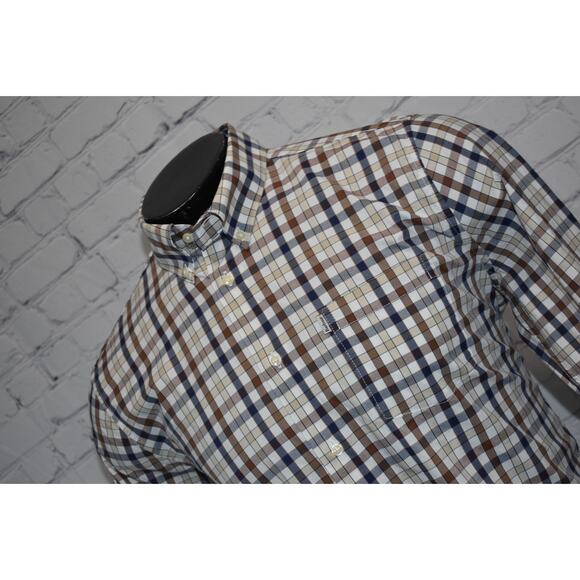 Barbour Performance Dress Shirt Mens Size Medium Stretch Blue Brown Plaid - Picture 1 of 8